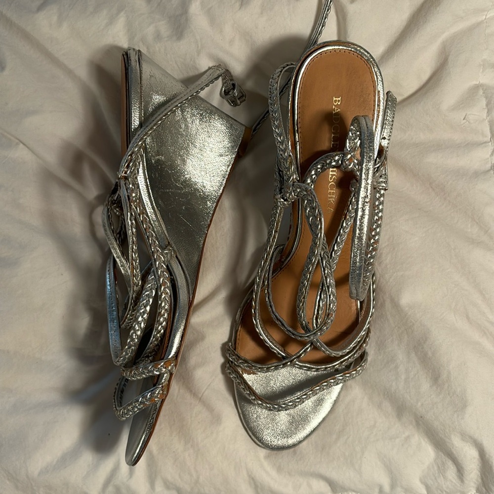 Bartley Mischka silver wedge sandals, size 8